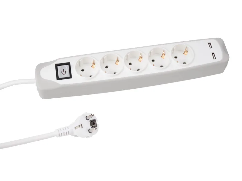 Multiprise avec interrupteur, 5 prises Schuko (type F) avec protection enfant, 2 ports USB,  1m50